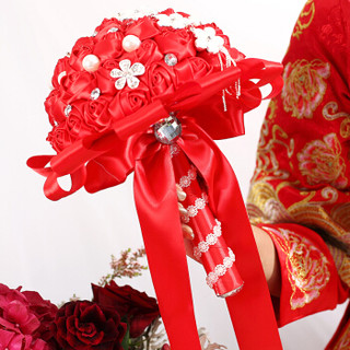 梦桥（B&D）婚庆用品新娘手捧花韩式结婚婚礼手捧花仿真红色玫瑰花套装