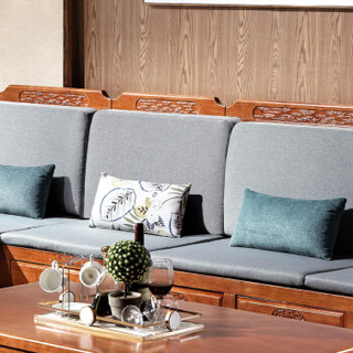 中伟实木沙发组合转角布艺沙发现代简约新中式沙发带茶几340*180*115cm/胡桃色#516