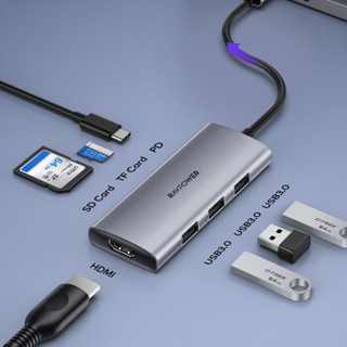 睿能宝 RAVPower Type-C扩展坞 适用苹果Macbook华为笔记本 USB-C转TF卡SD卡槽转换器拓展坞