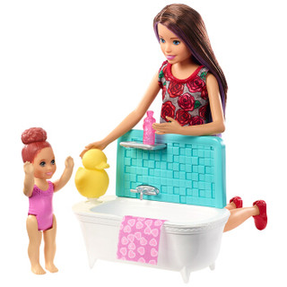 芭比 Barbie 儿童女孩娃娃玩具  芭比之小小育婴师沐浴组合 FXH05 *2件