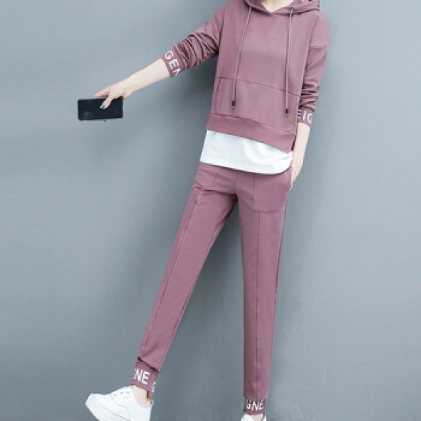 joy 京东女装2020春季新款卫衣女时尚韩版连帽假两件上衣宽松运动套装