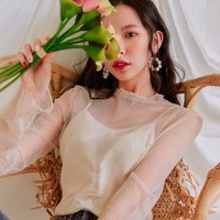 2020韩版女装镂空透视打底衫长袖T恤 M 杏色