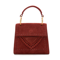 COCCINELLE 可奇奈尔 B14 Lace 系列女士镂空花纹麂皮翻盖搭扣单肩包C10557701 酒红色中包