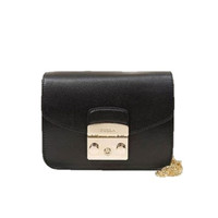 FURLA 芙拉 METROPOLIS系列女士皮质纯色搭扣链条单肩包 黑色小包
