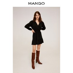 MANGO女装连衣裙2020春夏新款包裹式花边褶皱衣摆长袖连衣裙