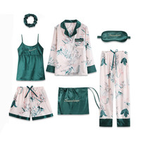 Angleskingdom 女士仿真丝翻领开衫家居服7件套01AFP01 绿色印花M