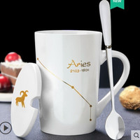 常珑 创意个性杯子陶瓷马克杯带盖勺情侣喝水杯男生办公室大容量咖啡杯