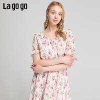 Lagogo2020夏季新款圆领喇叭袖雪纺碎花荷叶边收腰连衣裙女裙子