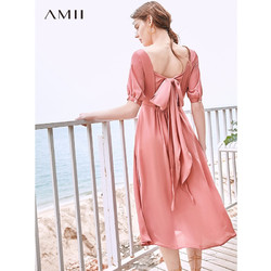 Amii极简法式小香风海边度假连衣裙2019夏季新露背绑带雪纺仙女裙
