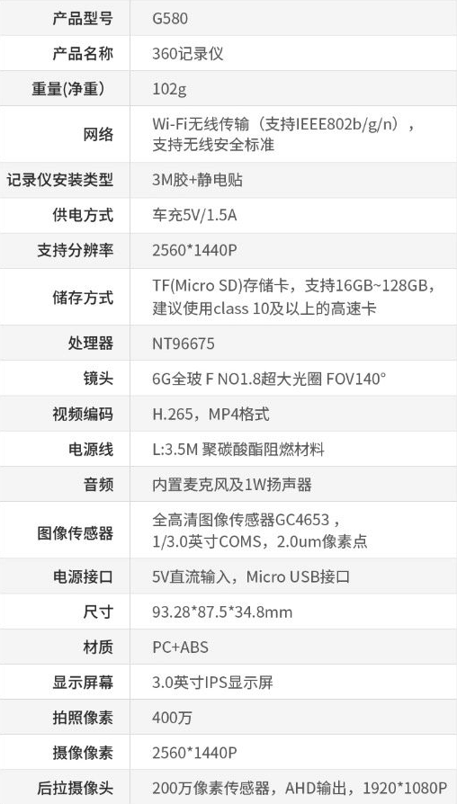 新品发售：360 G580 行车记录仪 前后双录