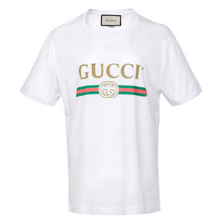 古驰（GUCCI） 男女同款白色双G做旧小孔休闲短袖T恤衬衫 440103 X3F05 9045 L