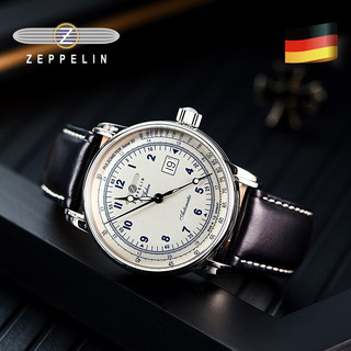 Zeppelin 齐博林 百年系列 7654-4 男士自动机械手表 42mm 白色 黑色 牛皮