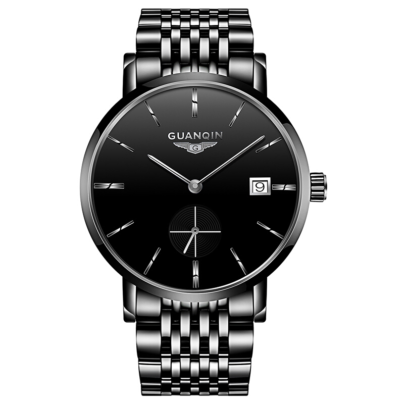 GUANQIN 冠琴 GQ-160028 男士自动机械手表 38mm 黑色 黑色 PVD镀黑精钢