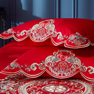 MENDALE 梦洁家纺 60支长绒棉绣花六件套 中式大红结婚床单被罩床上用品 鸿运双喜 1.8米床(220*240cm)