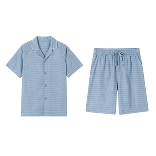 Purcotton/全棉时代睡衣男士夏季双层纱布印花短袖短裤家居服套装