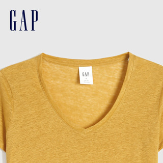 Gap女装亚麻V领短袖T恤薄款夏季555542 2020新款纯色基本款上衣女