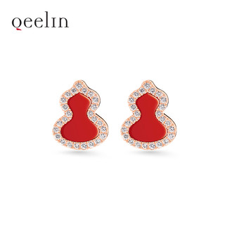 Qeelin Wulu 玫瑰色 18K金 镶嵌钻石红玛瑙耳钉