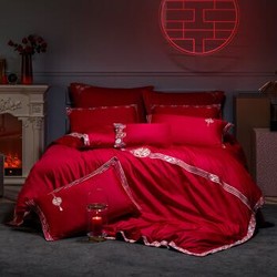 罗莱家纺 LUOLAI 全棉缎纹婚庆六件套 结婚床上用品 红鸾天禧 1.8米床 220*250cm