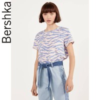 Bershka女士 2020夏季新款印花休闲短袖卷边纯棉T恤 02428443886
