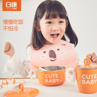 日康（rikang）儿童餐具辅食碗 宝宝餐具保温碗 不锈钢婴儿碗吸盘叉勺餐具5件套RK-C1004颜色随机