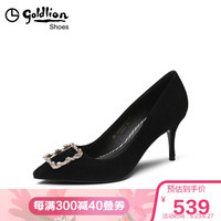 金利来（goldlion）女鞋尖头气质韩版水钻方扣细高跟单鞋69683002401M-黑色-37码