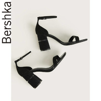 Bershka女鞋 2020新款黑色绒面一字带高跟粗跟凉鞋女11701660040