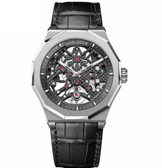 艾戈勒(agelocer)瑞士手表 黑森林系列时尚全镂空自动机械表 十二边男士大表盘腕表夜光潮表 经典银鳄鱼纹真皮表带 80小时动能 6001A1