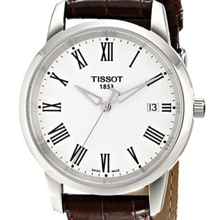 TISSOT 天梭 CLASSIC DREAM系列 T033.410.16.013.00 男士石英手表 38mm 白盘 棕色皮革带 圆形