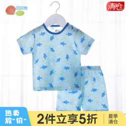 贝贝怡男童装短袖套装宝宝夏装提花短T恤裤两件装 蓝色 12个月/身高80cm *2件