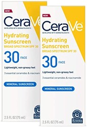 CeraVe 矿物防晒霜SPF 30 | 含氧化锌和二氧化钛的面部防晒霜，适合敏感肌肤| 2.5液体盎司/75毫升，2件