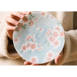 蓝樱花 日本浮雕樱花陶瓷菜盘