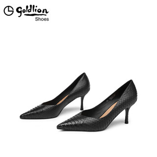 金利来（goldlion）女士尖头浅口单性感蛇皮工作细高跟鞋62693001201P-黑色-38码