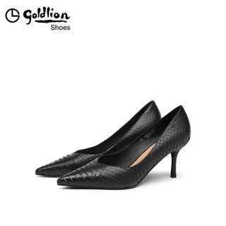 金利来（goldlion）女士尖头浅口单性感蛇皮工作细高跟鞋62693001201P-黑色-38码