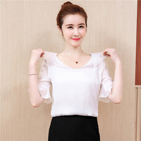 曼如芬 洋气雪纺小衫女 夏装新款韩版喇叭袖显瘦很仙的百搭上衣 XRSS9118 白色 S