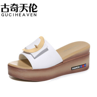 古奇天伦 GUCIHEAVEN  露趾坡跟纯色时尚百搭一字凉拖鞋防水台女鞋 9466 白色 38