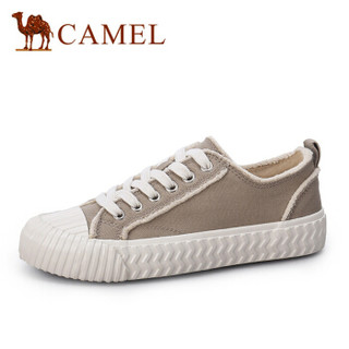 骆驼（CAMEL） 女士 港味配色毛边饼干鞋头平底帆布鞋 A93278626 卡其 36