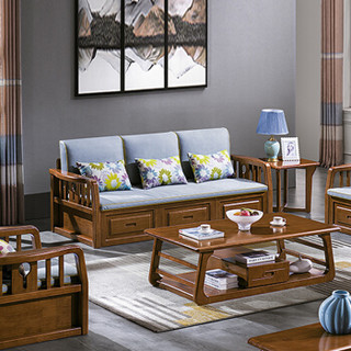 中伟实木沙发组合布艺沙发后现代简约中式沙发1+2+3胡桃色带储物柜