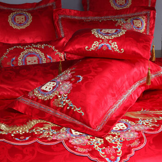 艾维（I-WILL）婚庆六件套大红色中式刺绣床上用品结婚四六件套送床旗 龙凤巢 加大双人220*240cm 1.8米床