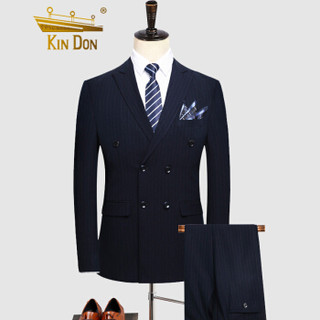 金盾（KIN DON）西服三件套 新品男士西装双排扣竖条纹休闲西服套装QT2018-1-1882蓝色3XL