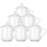 泥火匠 陶瓷米白典雅盖杯6只装 350ml/只 带盖客房杯会议杯办公杯套装
