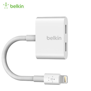 贝尔金（BELKIN）苹果转接头充电听歌二合一耳机充电音频适配器分线器iPhone专用一拖二双Lightning接口白色