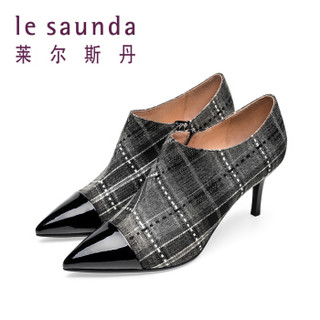 莱尔斯丹 le saunda 时尚休闲尖头拉链拼色格子纹高跟女脚踝短靴 LS 9T67001 灰白色织物/黑色牛皮革 36