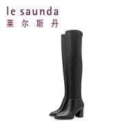 莱尔斯丹 le saunda 商场同款时尚圆头侧拉链高跟长筒过膝长靴 LS 9T70404 黑色羊皮革+合成革 38