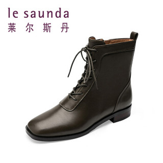 莱尔斯丹 le saunda 时尚休闲方头系带侧拉链粗跟低跟女短靴马丁靴 LS 9T24003 橄榄绿色 38