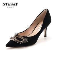 星期六女鞋（ST&SAT）绒面羊皮革时尚浅口优雅饰扣高跟单鞋 黑色（第二批） 38