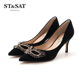 星期六女鞋（ST&SAT）绒面羊皮革时尚浅口优雅饰扣高跟单鞋 黑色（第二批） 38