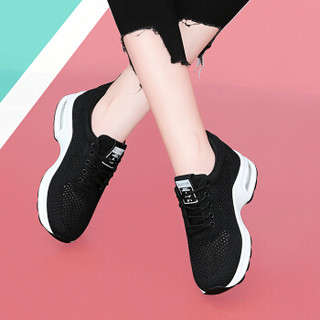 莱卡金顿 韩版女士圆头平跟低帮系带休闲运动鞋 6705 黑色 40