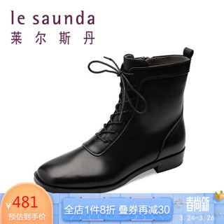 莱尔斯丹 le saunda 时尚休闲方头系带侧拉链粗跟低跟女短靴马丁靴 LS 9T24003 黑色 36