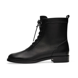 莱尔斯丹 le saunda 时尚休闲方头系带侧拉链粗跟低跟女短靴马丁靴 LS 9T24003 黑色 36