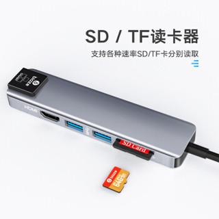 毕亚兹 Type-C扩展坞带网口USB-C转HDMI转接头数据线 苹果华为电脑MacBookPro六合一多功能读卡转换器 ZH98